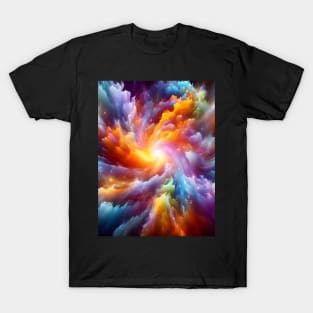 A vibrant explosion of colors swirling together in a cosmic dance, representing the birth of a new galaxy. T-Shirt